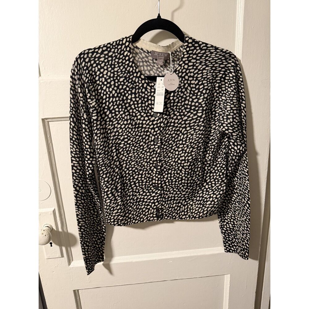 J.Crew Featherweight 100% Cashmere Cardigan Black & White Animal Spot Small